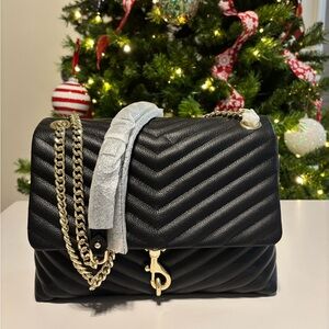 Rebecca Minkoff Black Quilted Crossbody EDIE Bag with Gold Accents